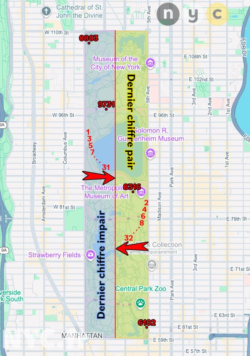 Plan de Central Park avec explication des chiffres des lampadaires